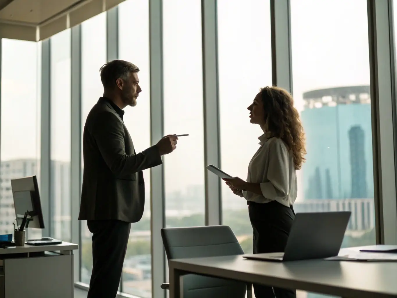 A consultant working closely with a business owner, reviewing financial documents and discussing growth strategies in a modern office setting.