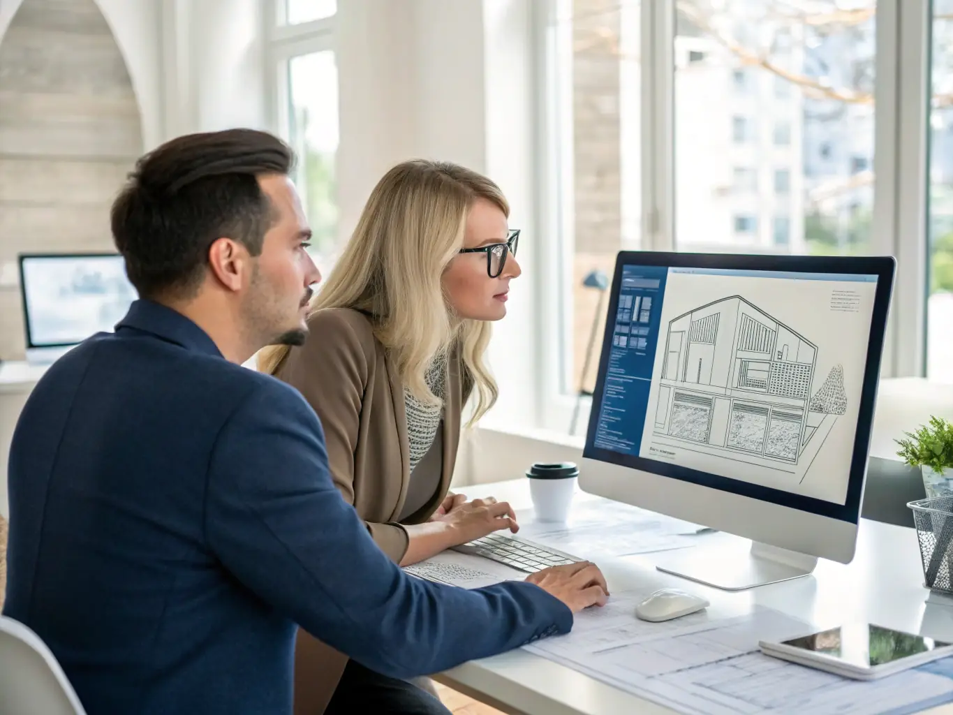 An architect is reviewing franchise model designs with a client, showcasing scalability and brand consistency.