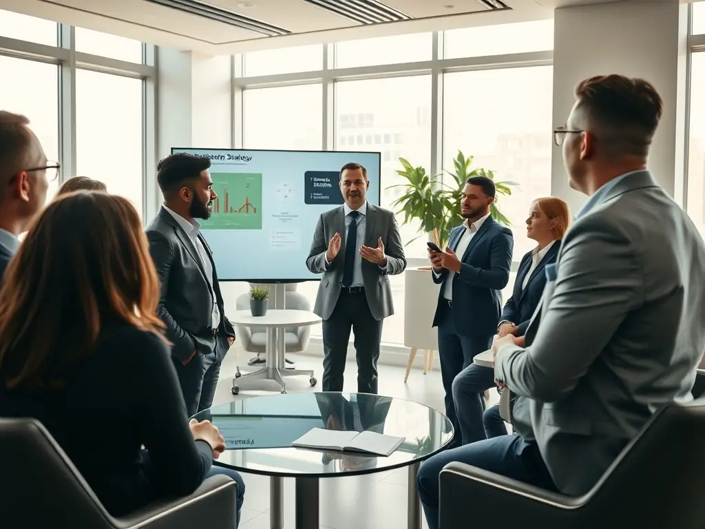 A consultant in a business suit is leading a strategic planning session with a diverse team, focusing on growth opportunities and market analysis.
