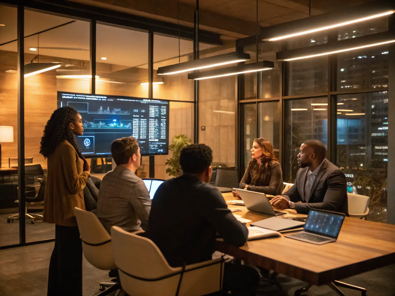 A team of experts executing a business plan, with charts and graphs illustrating progress and milestones.