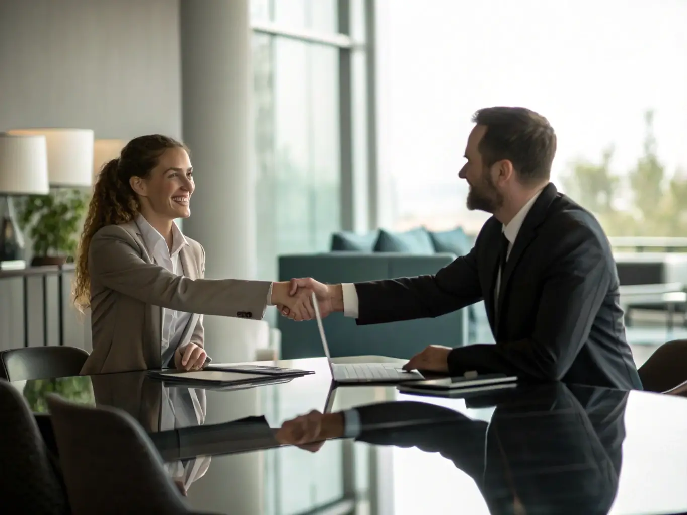 A handshake between two professionals, symbolizing a shared investment and partnership in a business venture.